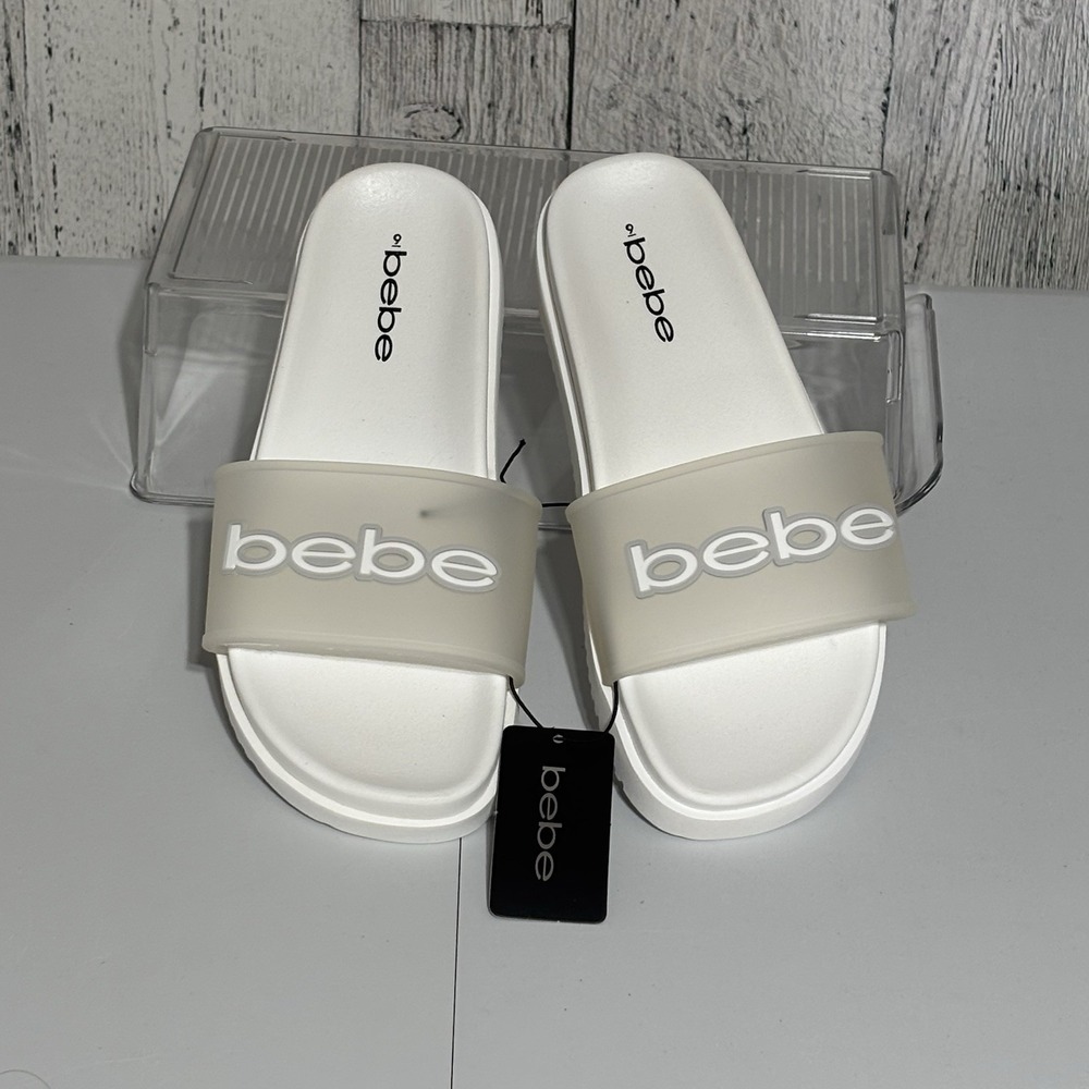 Bebe Womens White Slide Sandals Translucent Strap Size 9 NWT Pool, Beach, Vac